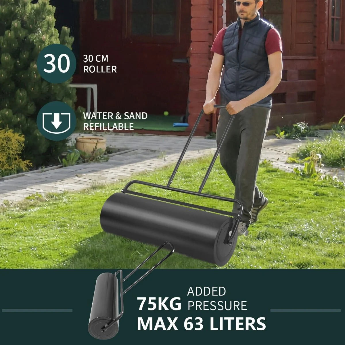 63L Premium Heavy-Duty Garden Grass Roller with Ergonomic U-Shaped Handle