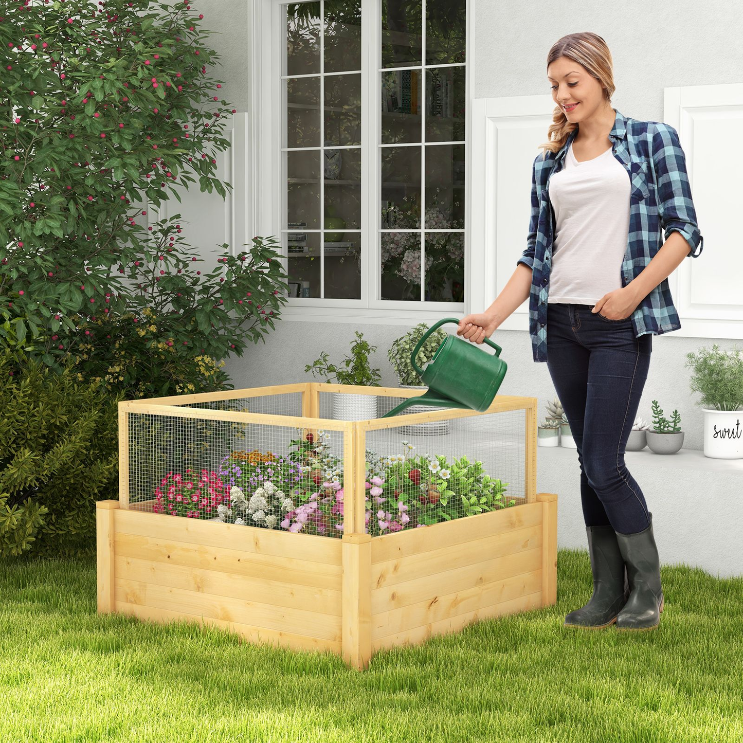 Elevated Garden Bed with Protective Critter Guard and Integrated Grow Grid