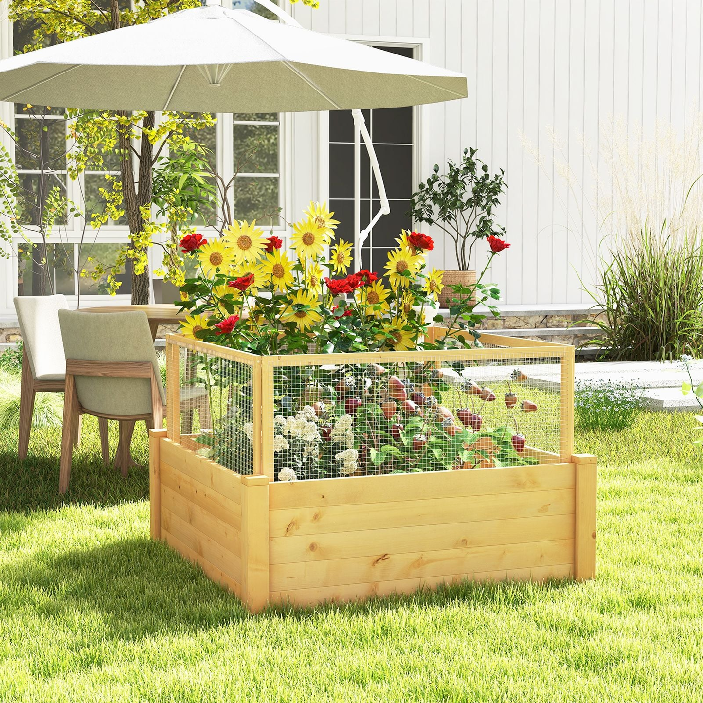 Elevated Garden Bed with Protective Critter Guard and Integrated Grow Grid