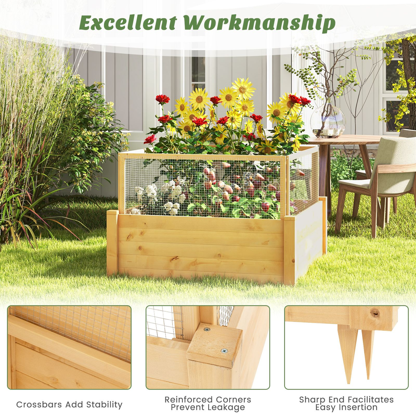 Elevated Garden Bed with Protective Critter Guard and Integrated Grow Grid